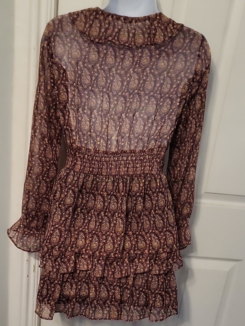 Zara Smocked Waist Ruffle-Tiered Long-Sleeve Dress in Brown Paisley - Picture 8 of 11